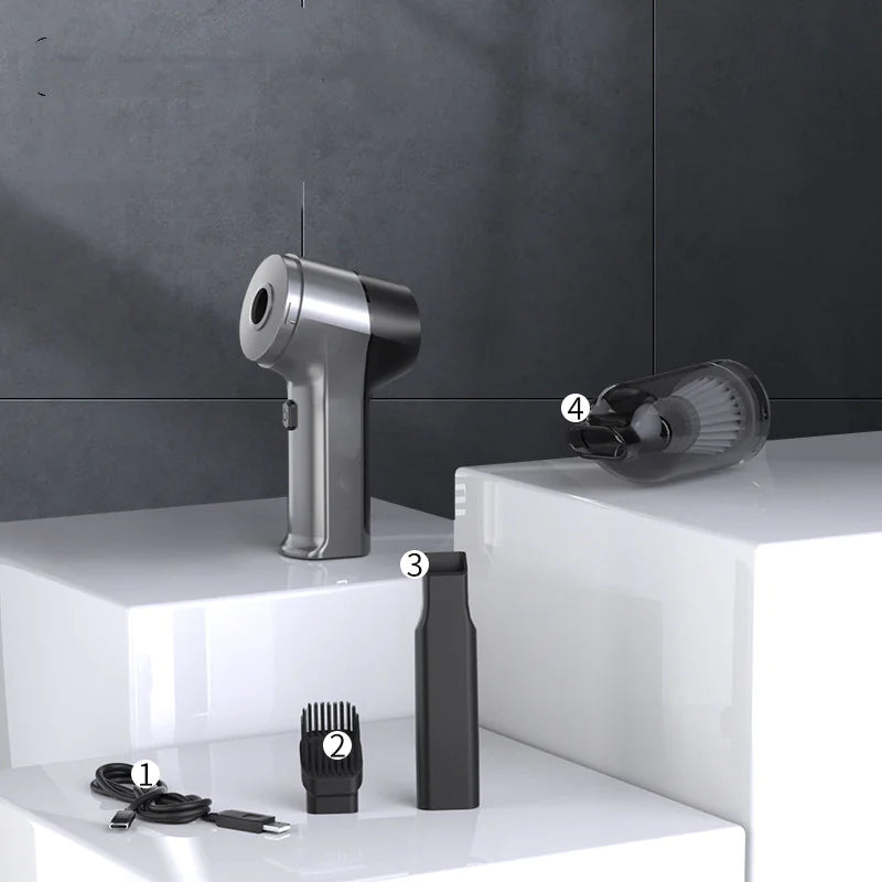 Hair dryer with attachments on a white shelf against a dark wall