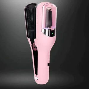 Pink and black hair straightener on a dark background