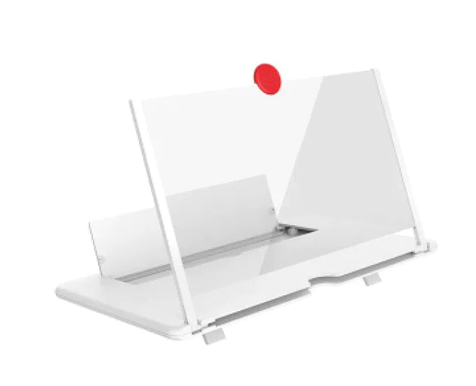 White electronic device with a red button on a white background