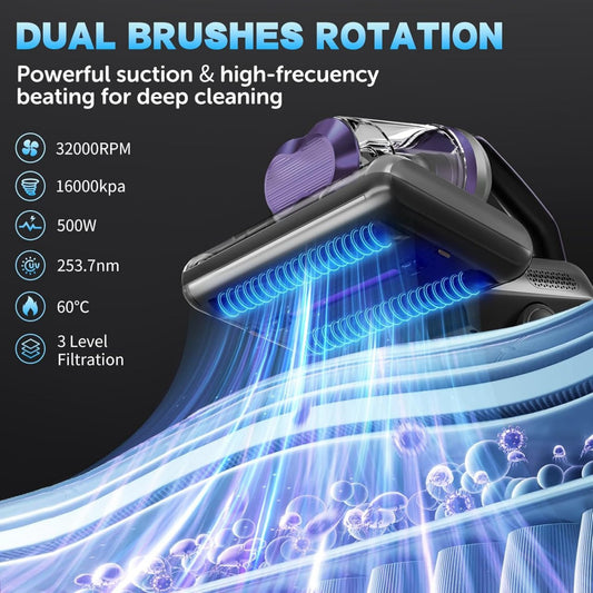 Colesy 16Kpa UV Mattress Vacuum handheld-500W Bed Cleaner for Allergens & Hair