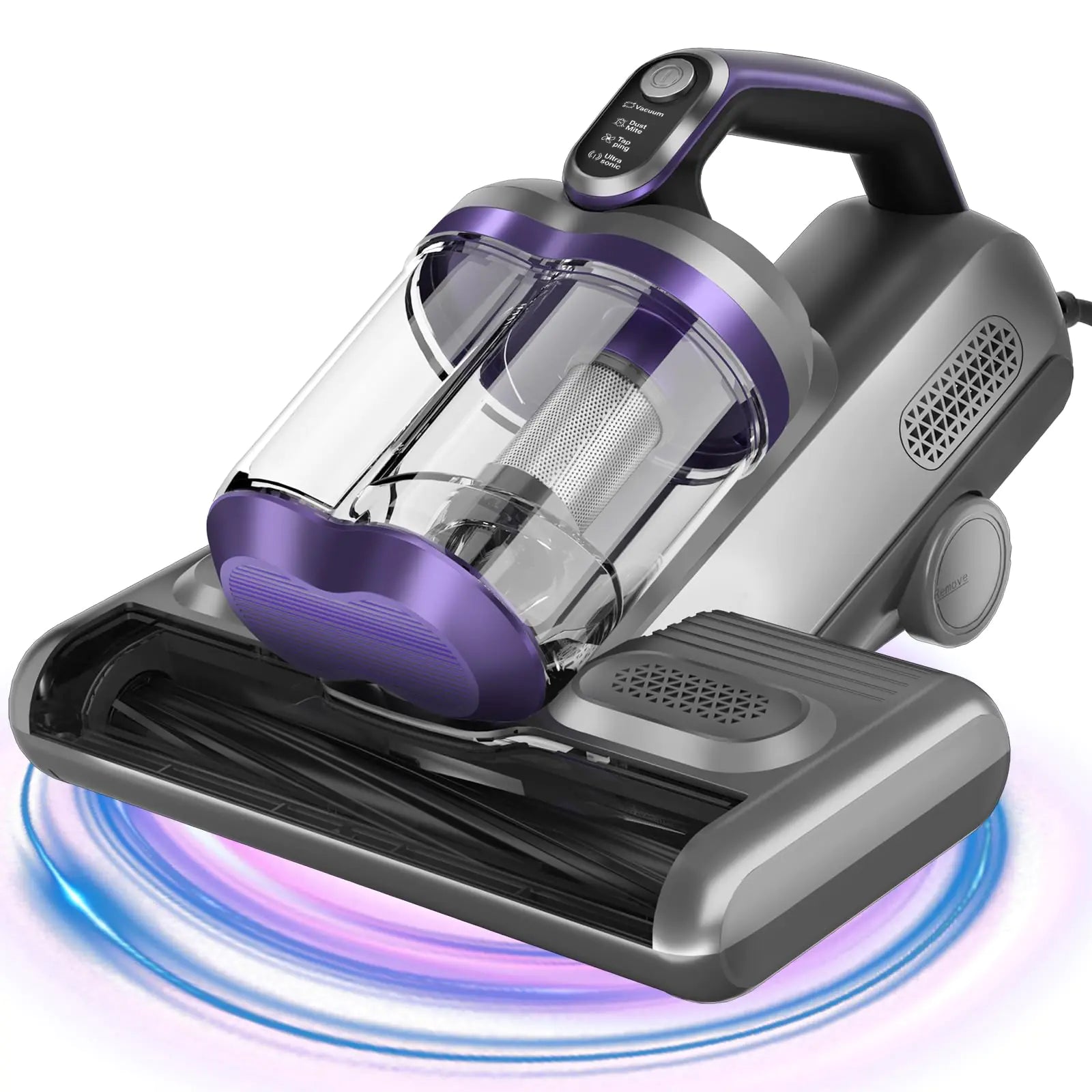 Handheld vacuum cleaner with purple accents on a white background