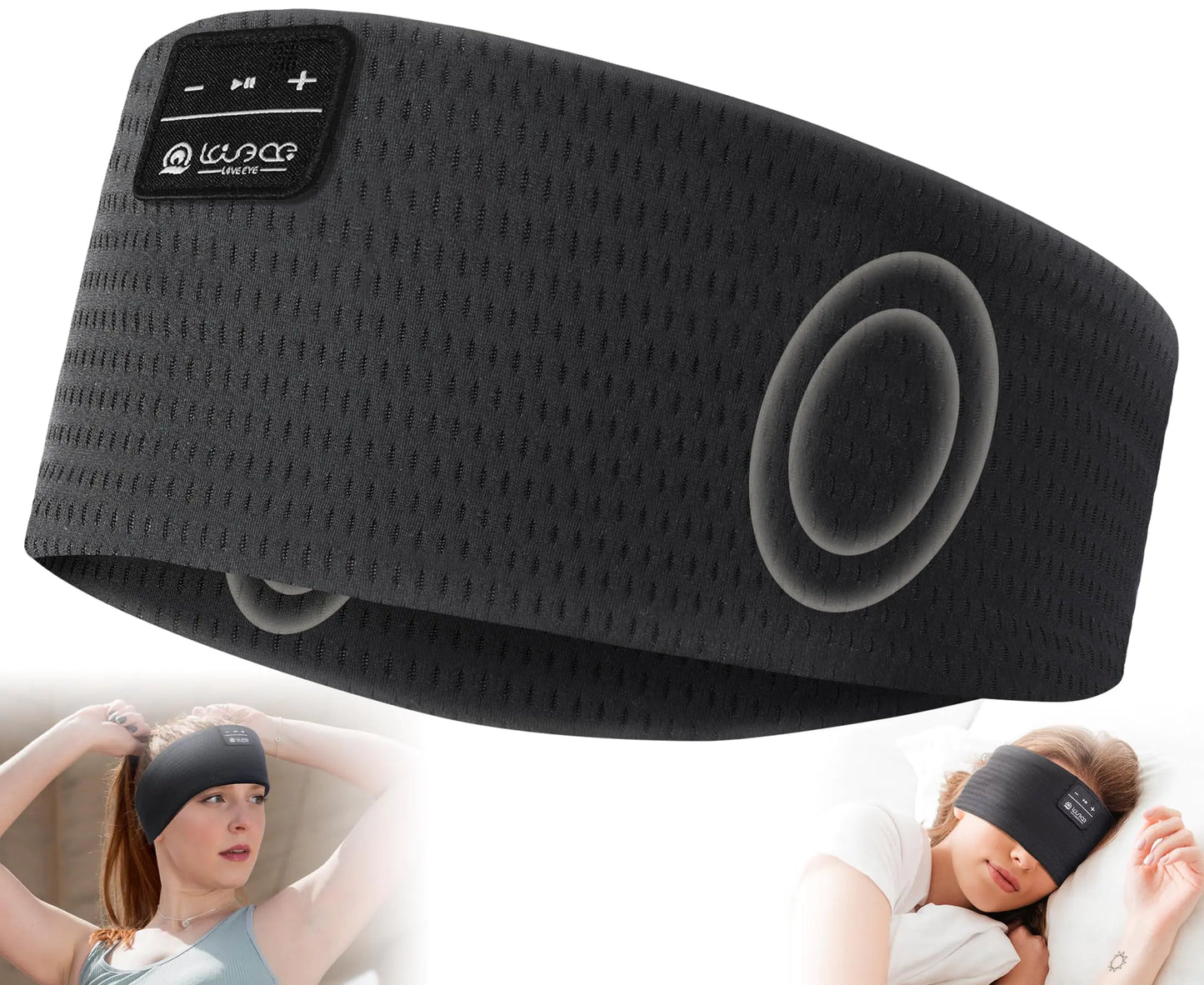 Black sleep headband with speakers on a white background