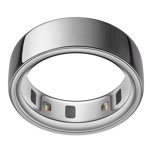 Silver smart ring with digital display on a white background
