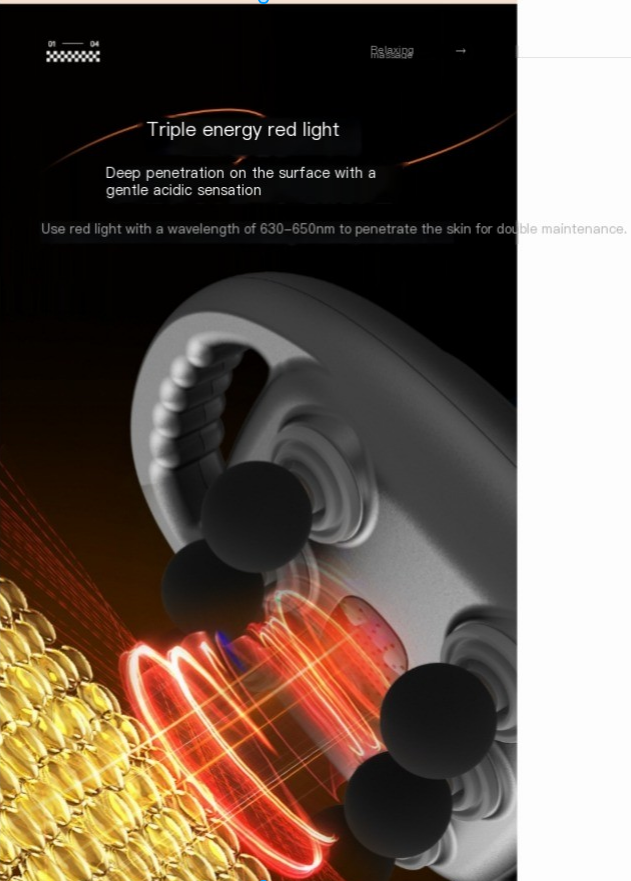 Device emitting red light with text about triple energy red light therapy on a black background.