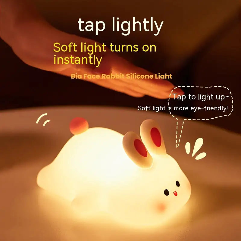 Silicone rabbit light with text on how to turn it on and its benefits