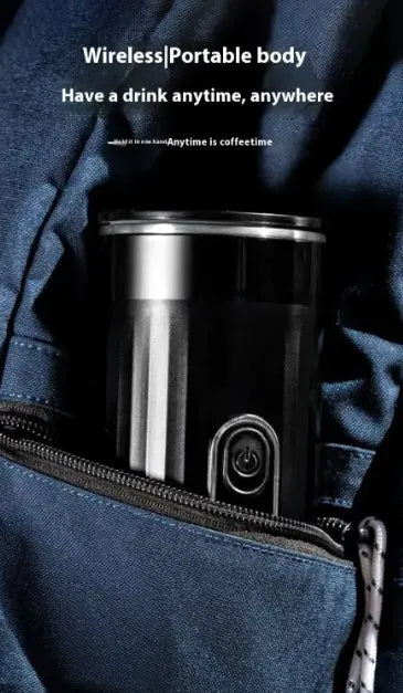 Stainless steel travel mug with a brand logo in a blue jacket pocket, text about wireless and portable body.