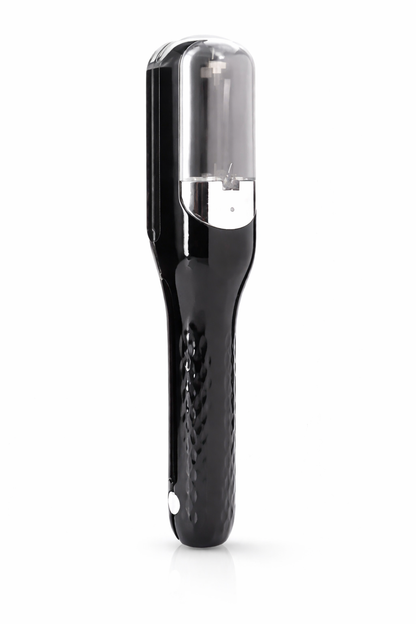 Black and silver hair straightener on a white background