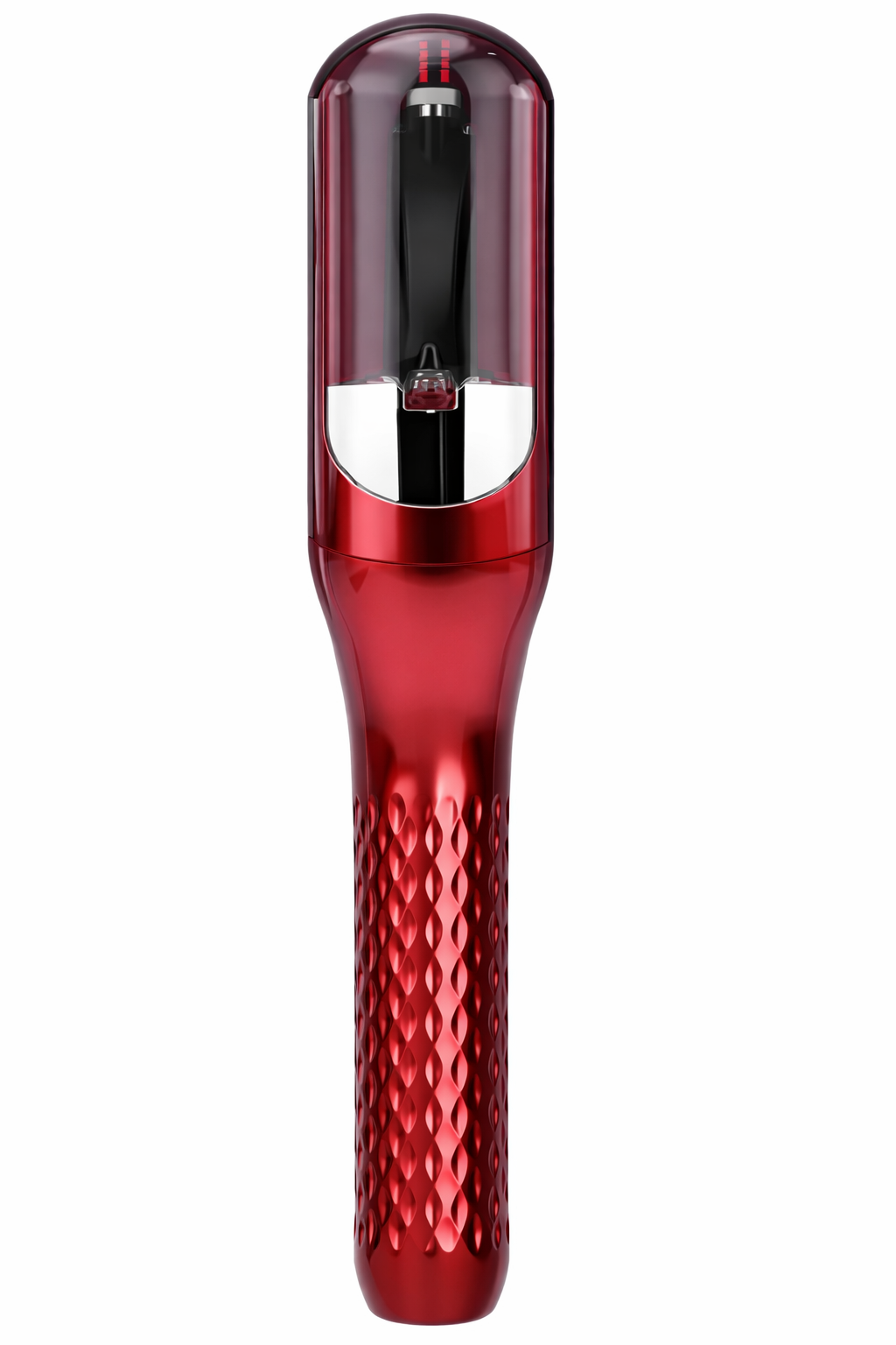 Red electronic device with a textured handle on a white background