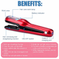 Red hair straightener with labeled features and benefits on a white background