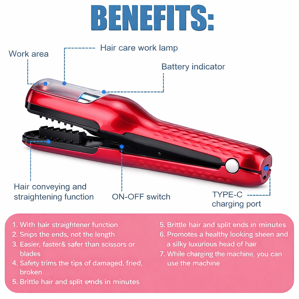 Red hair straightener with labeled features and benefits on a white background
