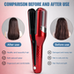 Hair straightener with 'Before' and 'After' usage comparison on a pink and gray background