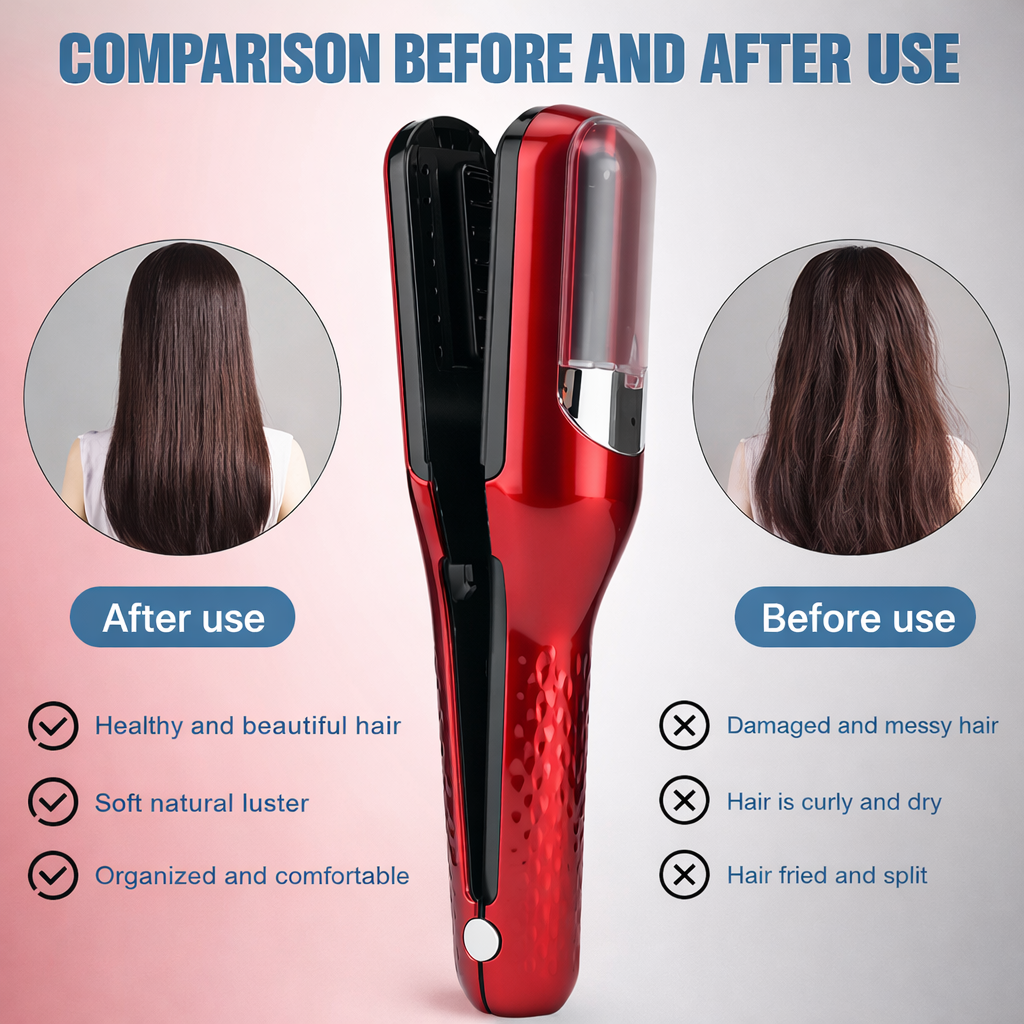 Hair straightener with 'Before' and 'After' usage comparison on a pink and gray background