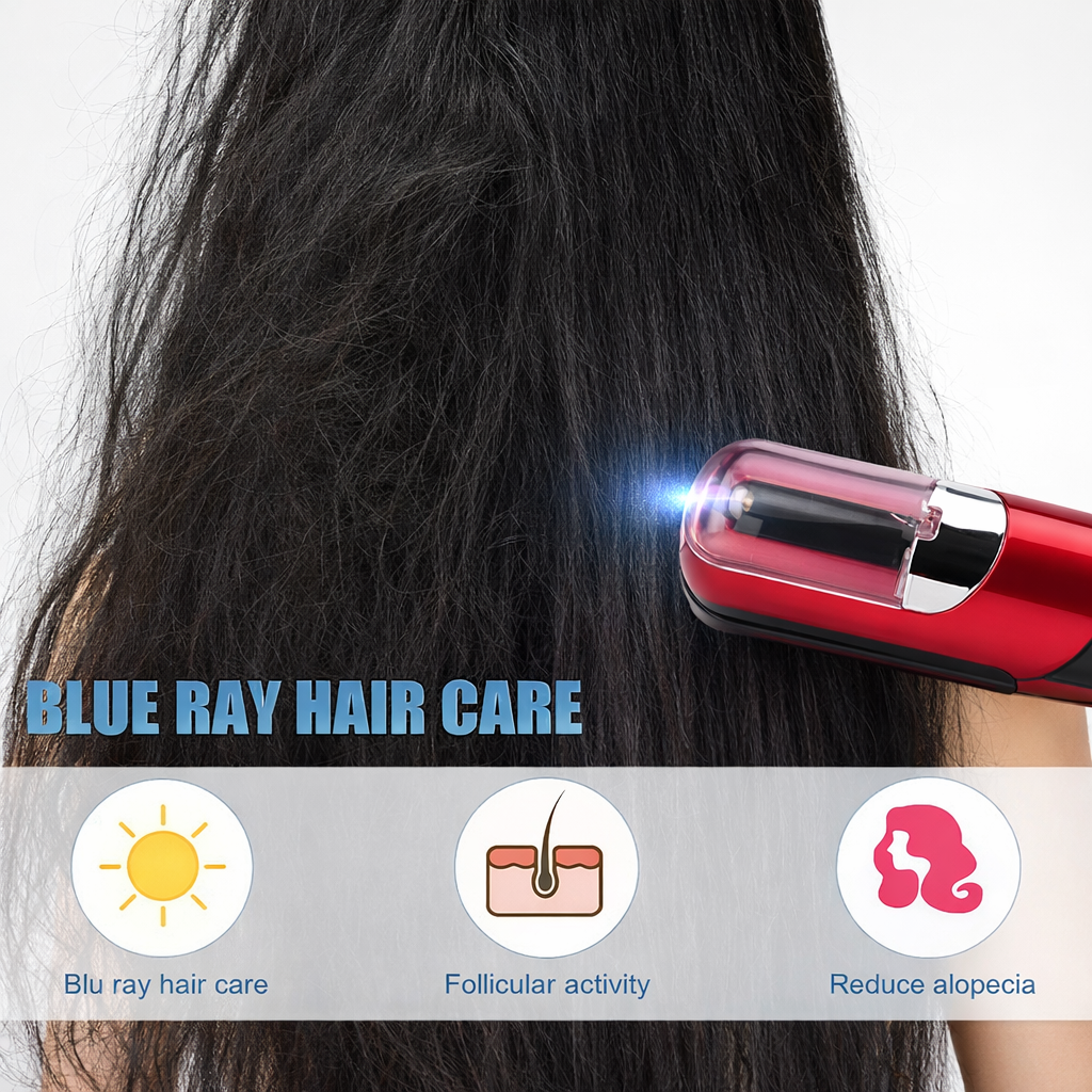 Red hair care device being used on dark hair with text 'Blue Ray Hair Care' and icons.