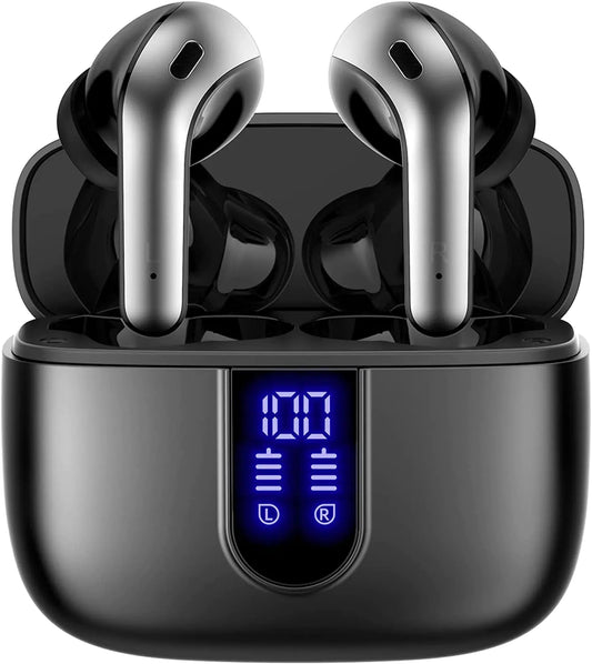 Black wireless earbuds with charging case and digital display on a white background
