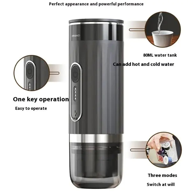 Black electric water bottle with features highlighted on a white background
