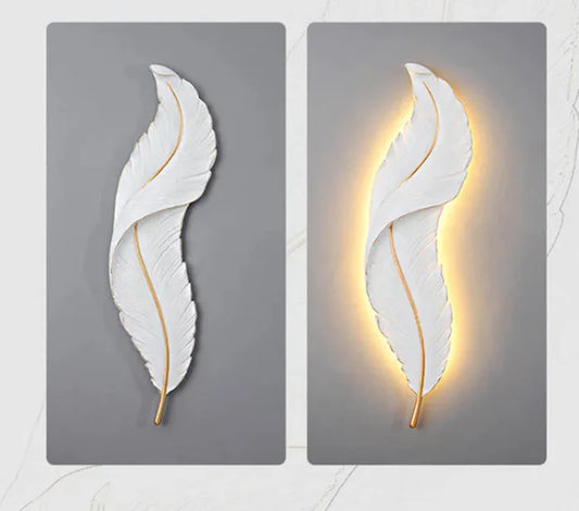 Decorative wall lights shaped like feathers on gray panels with one illuminated.