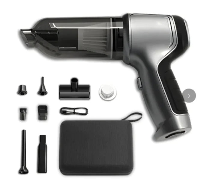 Handheld vacuum cleaner with attachments on a white background