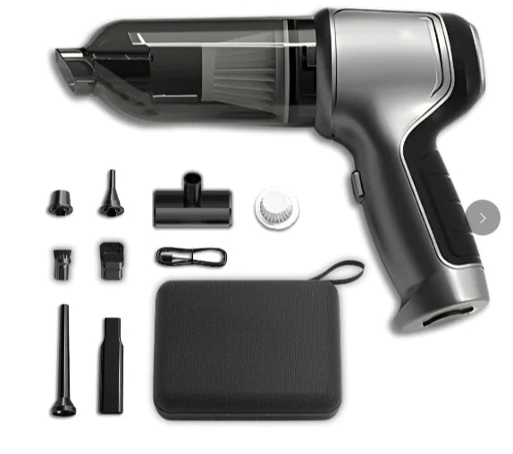 Car vacuum cleaner with attachments on a white background