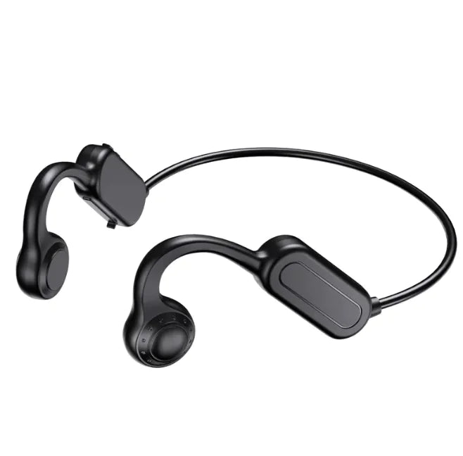 Black wireless earbud headset on a white background
