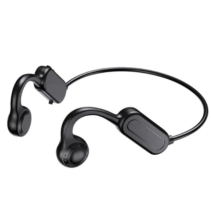 Black wireless earbud headset on a white background