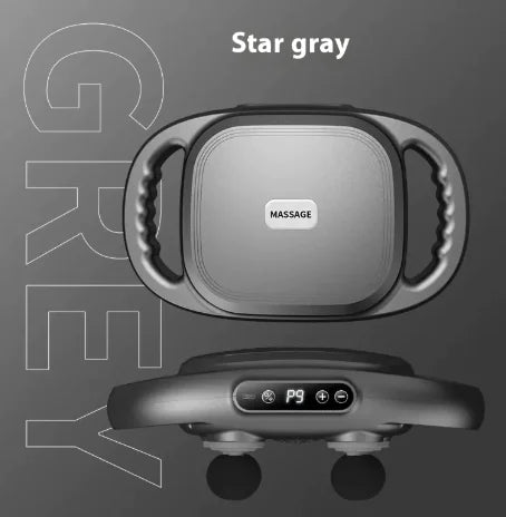 Gray massage device with control panel on a dark background