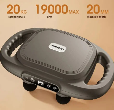 Massage device with specifications on a beige background