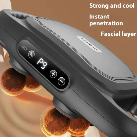 Black handheld device with digital display on a brown background