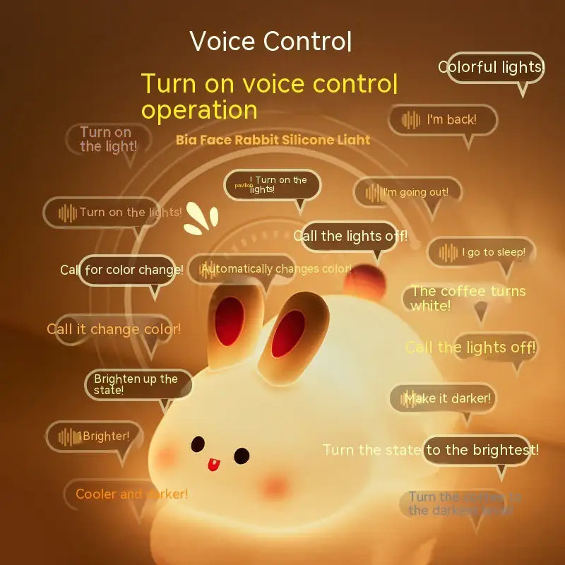Silicone light shaped like a rabbit with voice control features on a brown background