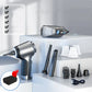 Set of cleaning tools including a handheld device and various attachments on a white surface.