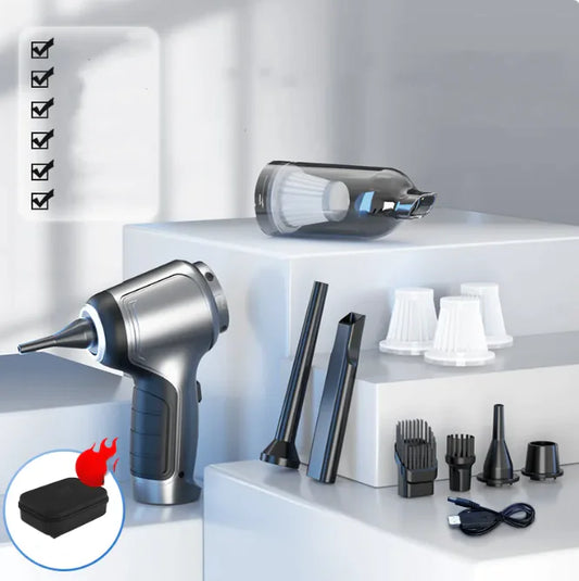 Set of cleaning tools including a handheld device and various attachments on a white surface.