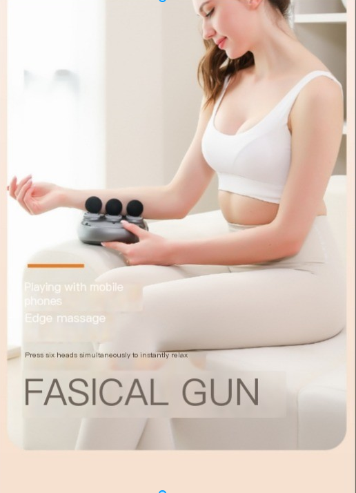 Woman using a Fasical Gun on a couch with promotional text.