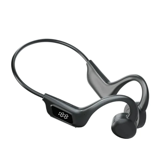 Black wireless earbud headset on a white background