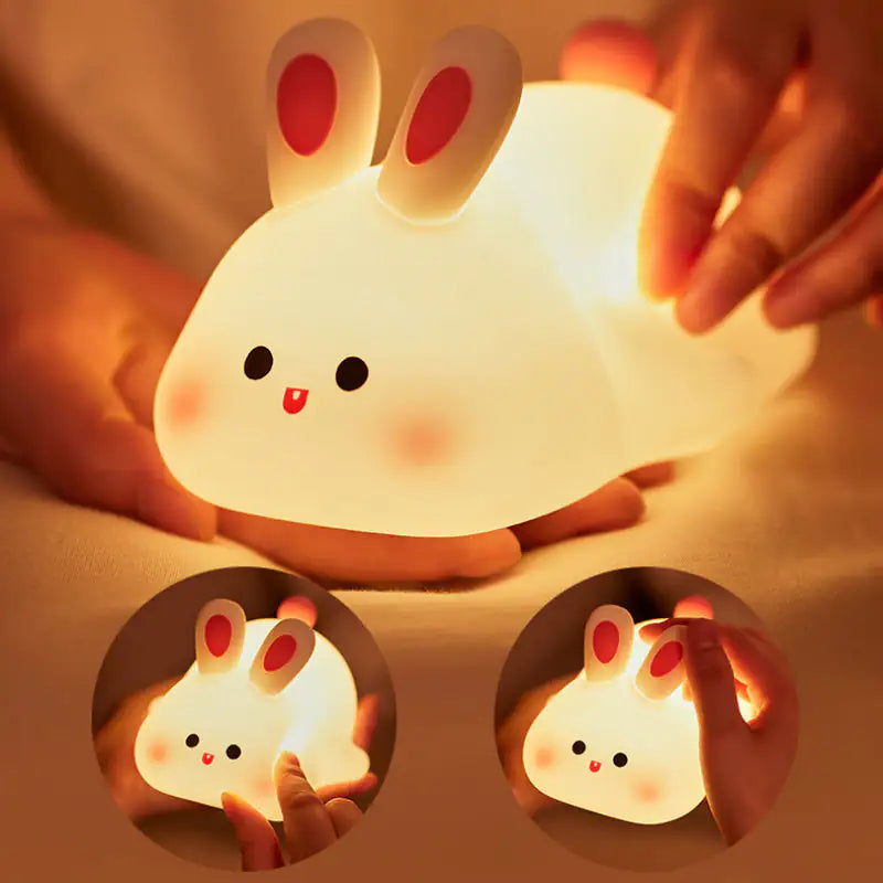 Cute rabbit-shaped night light being held by a hand with additional insets showing the same night light.