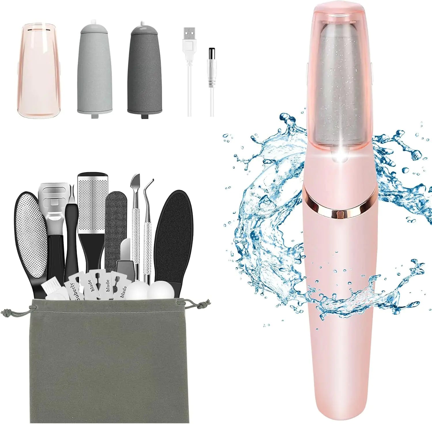 Grooming tool set with pink device, attachments, and pouch on a white background