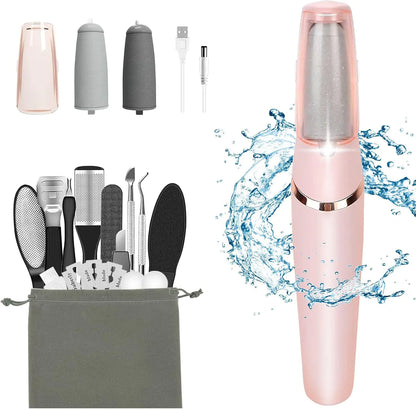 Grooming tool set with pink device, attachments, and pouch on a white background