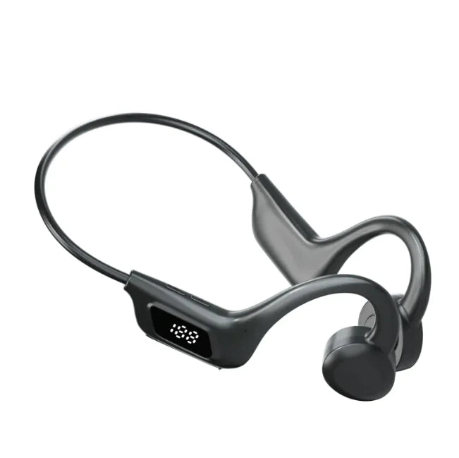 Black wireless earbud headset on a white background
