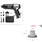 Car vacuum cleaner set with accessories and dimensions on a white background