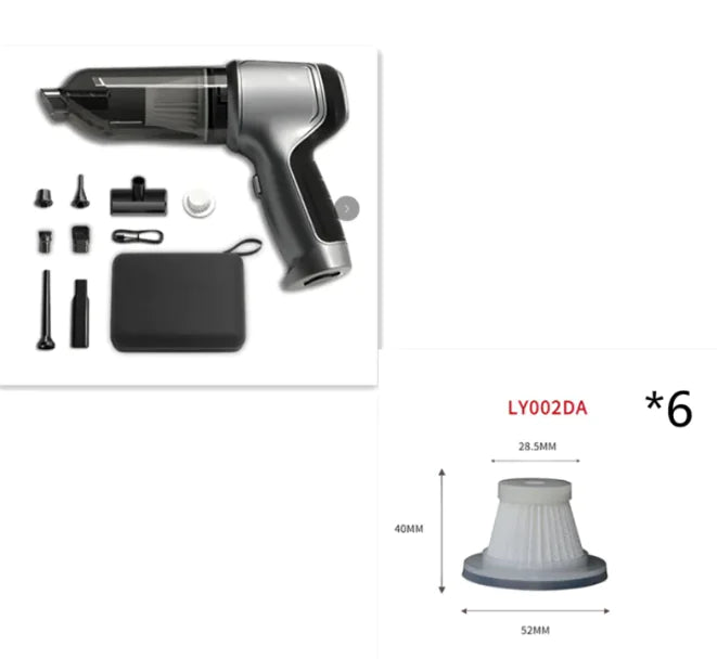 Car vacuum cleaner set with accessories and dimensions on a white background