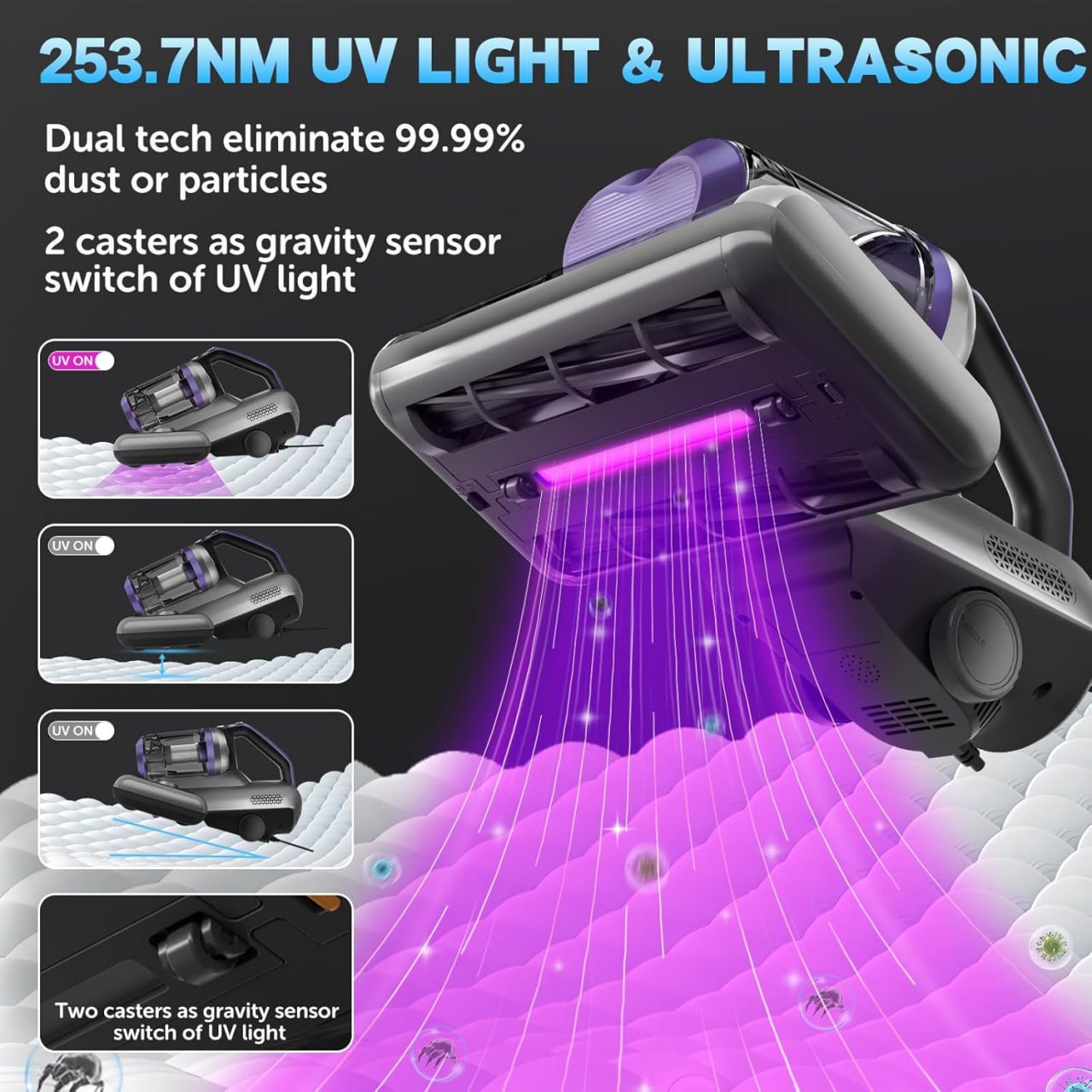 Colesy 16Kpa UV Mattress Vacuum handheld-500W Bed Cleaner for Allergens & Hair