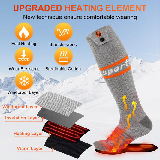 Gray athletic sock with heating elements and features highlighted against a snowy mountain background