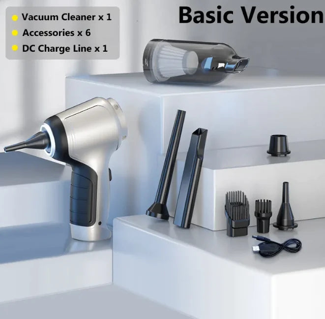 Vacuum cleaner set with accessories on a white shelf, labeled 'Basic Version'.