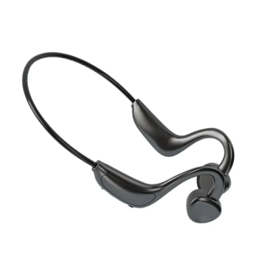 Black wireless earbuds with a neckband on a white background